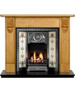 Pine Albert 54" Mantel with a Hand Waxed Finish, Highlight Polished Tulip Cast Iron Insert, Tulip Burgundy & Ivory Tiles and a Black Granite 54" Hearth.
