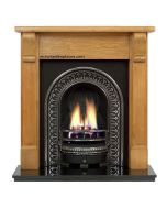 Pine Bedford 48" Mantel with a Hand Waxed Finish, Highlight Polished Regal Cast Iron Insert and a Black Granite 48" Hearth.
