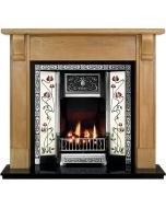 Oak Bedford Mantel with a Hand Waxed Finish, Northmoor Cast Iron Tiled Insert with a Highlight Polished Finish and a Black Granite Hearth.