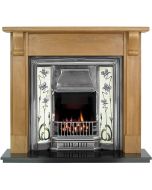 Oak Bedford 54" Mantel with a Light Hand Waxed Finish, Fully Polished Sovereign Insert, Jazz Lilac & Ivory Tiles and a Black Granite 54" Hearth.