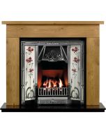 Pine Borrington 54" Mantel with a Hand Waxed Finish, Highlighted Toulouse Cast Iron Insert, Jazz Burgundy & Ivory Tiles and a Black Granite 54" Hearth.