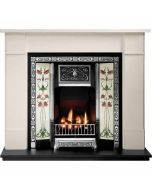 White limestone fireplace surround with black cast iron tiled insert, granite hearth and electric fire package deal