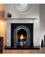 A black cast iron fireplace insert, an arched fireplace insert with a polished finish and with a decorative chimney damper