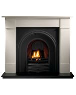 White limestone fireplace surround with black cast iron arched insert, granite hearth and electric fire package deal