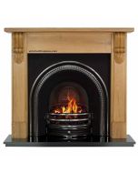 Oak Large Carved 54" Mantel with a Light Hand Waxed Finish, Highlighted Traditions Cast Iron Insert and a Black Granite 54" Hearth.