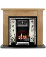 Oak Lincoln 54" Mantel with a Light Hand Waxed Finish, Highlight Polished Northmoor Insert, Jazz Lilac & Ivory Tiles and a Black Granite 54" Hearth.