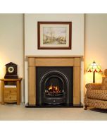 Oak Darwin 54" Mantel with a Light Hand Waxed Finish, Highlight Polished Radley Cast Iron Insert and a Black Granite 54" Hearth.