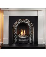 White limestone fireplace surround with black cast iron arched insert, granite hearth and gas fire package deal