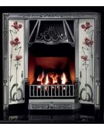 A black cast iron fireplace tiled insert with highlight polished Victorian style motifs and Victorian fireplace tiles