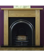 Oak Lincoln 54" Mantel with a Light Hand Waxed Finish, Highlighted Cast Iron Traditions Insert and a Black Granite 54" Hearth.