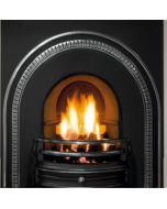A black cast iron fireplace insert, an arched fireplace insert with a black fireplace arch, an gas fire insert