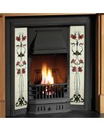 A black cast iron fireplace tiled insert with black Victorian style motifs, Victorian fireplace tiles, Victorian fire grate