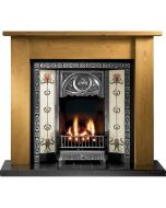 54" Lincoln Mantel with a Tulip Highlight Polished Cast Iron Insert, Tulip Burgundy/Ivory Tiles and a 54" Granite Hearth