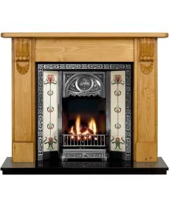 Pine Albert 54" Mantel with a Hand Waxed Finish, Highlight Polished Tulip Cast Iron Insert, Tulip Burgundy & Ivory Tiles and a Black Granite 54" Hearth.