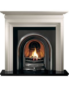 White limestone fireplace surround with black cast iron arched insert, granite hearth and electric fire package deal