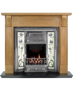 Oak Bedford 54" Mantel with a Light Hand Waxed Finish, Fully Polished Sovereign Insert, Jazz Lilac & Ivory Tiles and a Black Granite 54" Hearth.