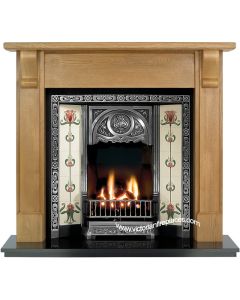 Oak Bedford 54" Mantel with a Light Hand Waxed Finish, Highlighted Tulip Insert, Tulip Burgundy & Ivory Tiles and a Black Granite Hearth.