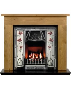 Pine Borrington 54" Mantel with a Hand Waxed Finish, Highlighted Toulouse Cast Iron Insert, Jazz Burgundy & Ivory Tiles and a Black Granite 54" Hearth.