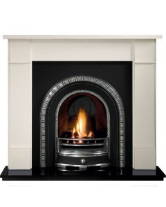 White limestone fireplace surround with black cast iron arched insert, granite hearth and electric fire package deal