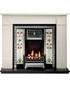 White limestone fireplace surround with black cast iron tiled insert, granite hearth and electric fire package deal