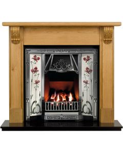 Oak Carved Corbel 54" Mantel with a Light Hand Waxed Finish, Highlight Polished Toulouse Cast Iron Insert, Jazz Burgundy & Ivory Tiles and a Black Granite 54" Hearth.