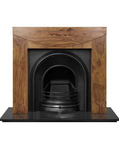 A black cast iron fireplace insert, an arched fireplace insert with a decorative fireplace arch, gas fire insert