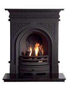 A solid black cast iron fireplace with motif designs, a classic victorian period fireplace. Finished with a granite hearth.
