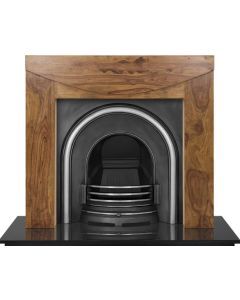 A black and highlighted cast iron fireplace insert, an arched fireplace insert with a decorative fireplace arch, gas fire insert