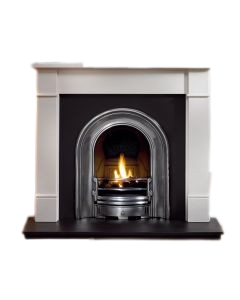 White limestone fireplace surround with black cast iron arched insert, granite hearth and gas fire coal effect package deal