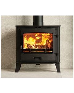A black multi fuel stove, a wider stove and slimline depth to suit a traditional or modern interior, classic arched window 
