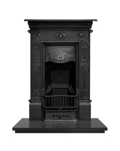 A small black cast iron fireplace with decorative art nouveau motifs, along with a granite hearth and fire grate
