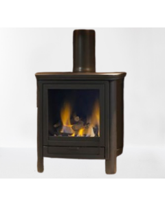A black gas stove, a lpg gas stove, with an oak geocast beam, a olive slate fireplace chamber and a Harlequin tiled hearth
