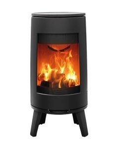 A contemporary black wood burning stove, with a nordic style curved viewing window, on a 4 point stand.