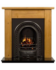 Pine Durham 42" Mantel with a Hand Waxed Finish, Highlight Polished Regal Cast Iron Insert and a Black Granite 42" Hearth.