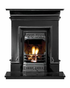 A highlight polished black cast iron fireplace with clean lines and simple motifs, along with a granite hearth and gas fire.