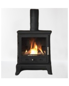 A black gas stove, a lpg gas stove, with an oak geocast beam, a slate fireplace chamber and a natural slate hearth