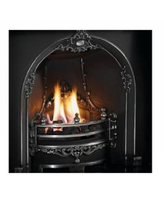 A black cast iron fireplace insert, an arched fireplace insert with a polished decorative fireplace arch, electric fire 