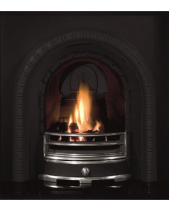A black cast iron fireplace insert, an arched fireplace insert with a black fireplace arch, an electric fire insert