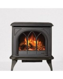 Gazco Huntingdon 40 Matt Black Electric Stove, Fuel Effect Logs, Tracery Door