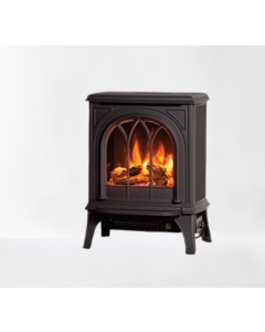 Gazco Huntingdon 20 Matt Black Electric Stove, Fuel Effect Logs, Tracery Door