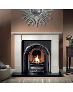 White limestone fireplace surround with black cast iron arched insert, granite hearth and electric fire package deal
