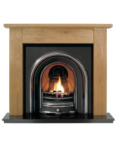 Lincoln 48" Mantel with a Waxed Finish, Highlight Polished Jubilee Cast Iron Insert and a Black Granite 48" Hearth.