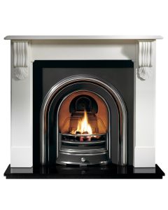 White limestone fireplace surround with black cast iron arched insert, granite hearth and electric fire package deal