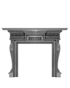 A black cast iron fireplace surround with a curved shaped frame and plant indentations
