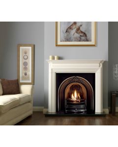A black cast iron fireplace insert, an arched fireplace insert with a polished fireplace arch, an gas fire insert