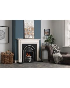 A black cast iron fireplace insert, an arched fireplace insert with a polished fireplace arch, an electric fire insert