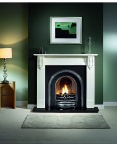 A black cast iron fireplace insert, an arched fireplace insert with a black fireplace arch, an electric fire insert