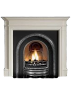 White limestone fireplace surround with black cast iron arched insert, granite hearth and electric fire package deal