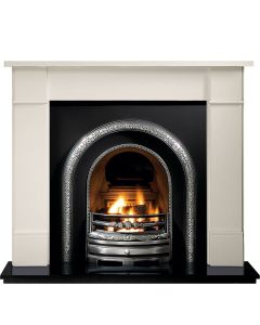 White limestone fireplace surround with black cast iron arched insert, granite hearth and electric fire package deal