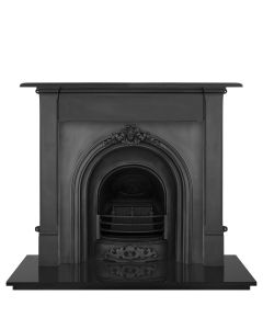 A black cast iron fireplace insert, a floral arched fireplace insert, an early Victorian black fireplace arch, gas insert